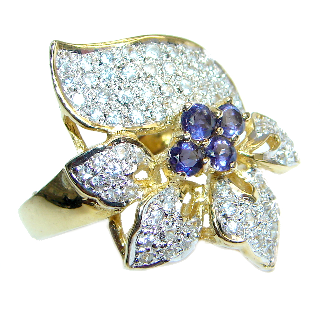 Fine art Blue Sapphire White Topaz 925 Sterling Silver Ring Size 7