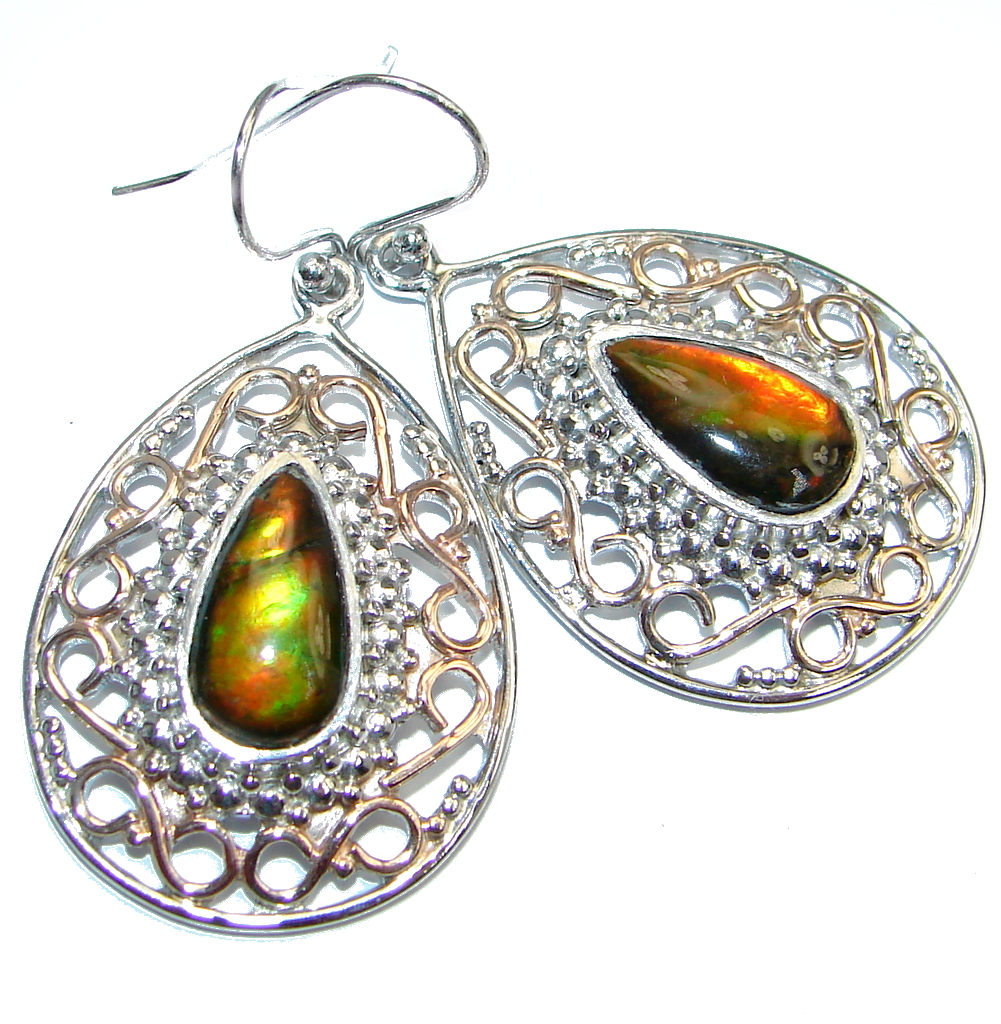 Red Aura AAA+Canadian Fire Ammolite Two Tones Sterling Silver handmade earrings