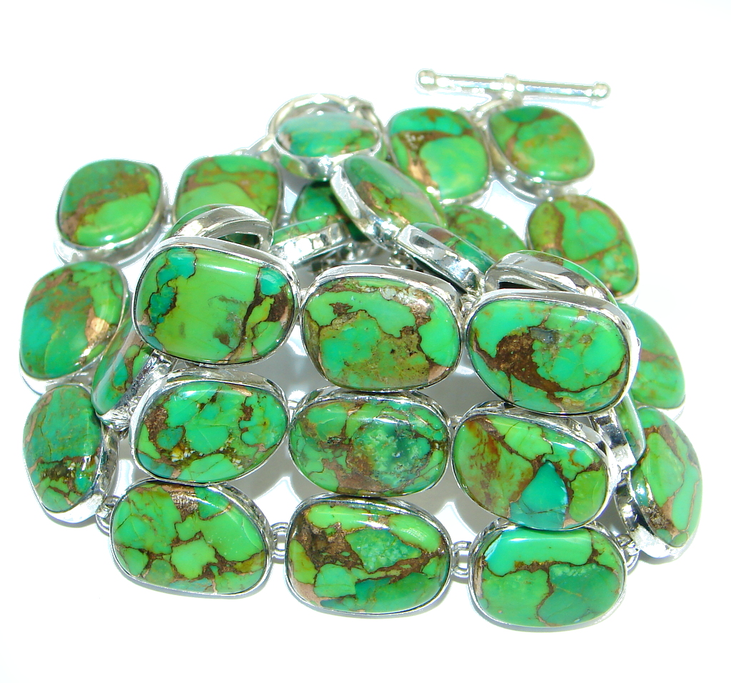 Boho Chic Large Green Turquoise with copper vains Sterling Silver handmade Bracelet