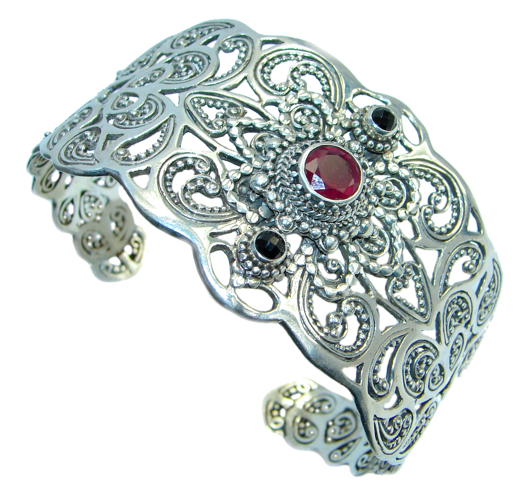 Chunky Genuine genuine Garnet Sterling Silver handcrafted Bracelet / Cuff