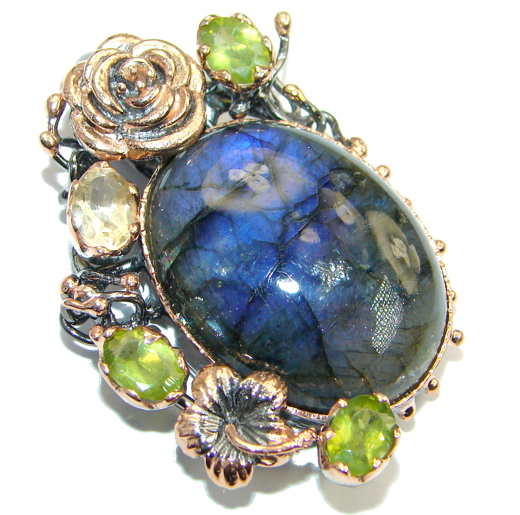 Floral Design Labradorite Peridot Gold plated over Sterling Silver handmade Pendant