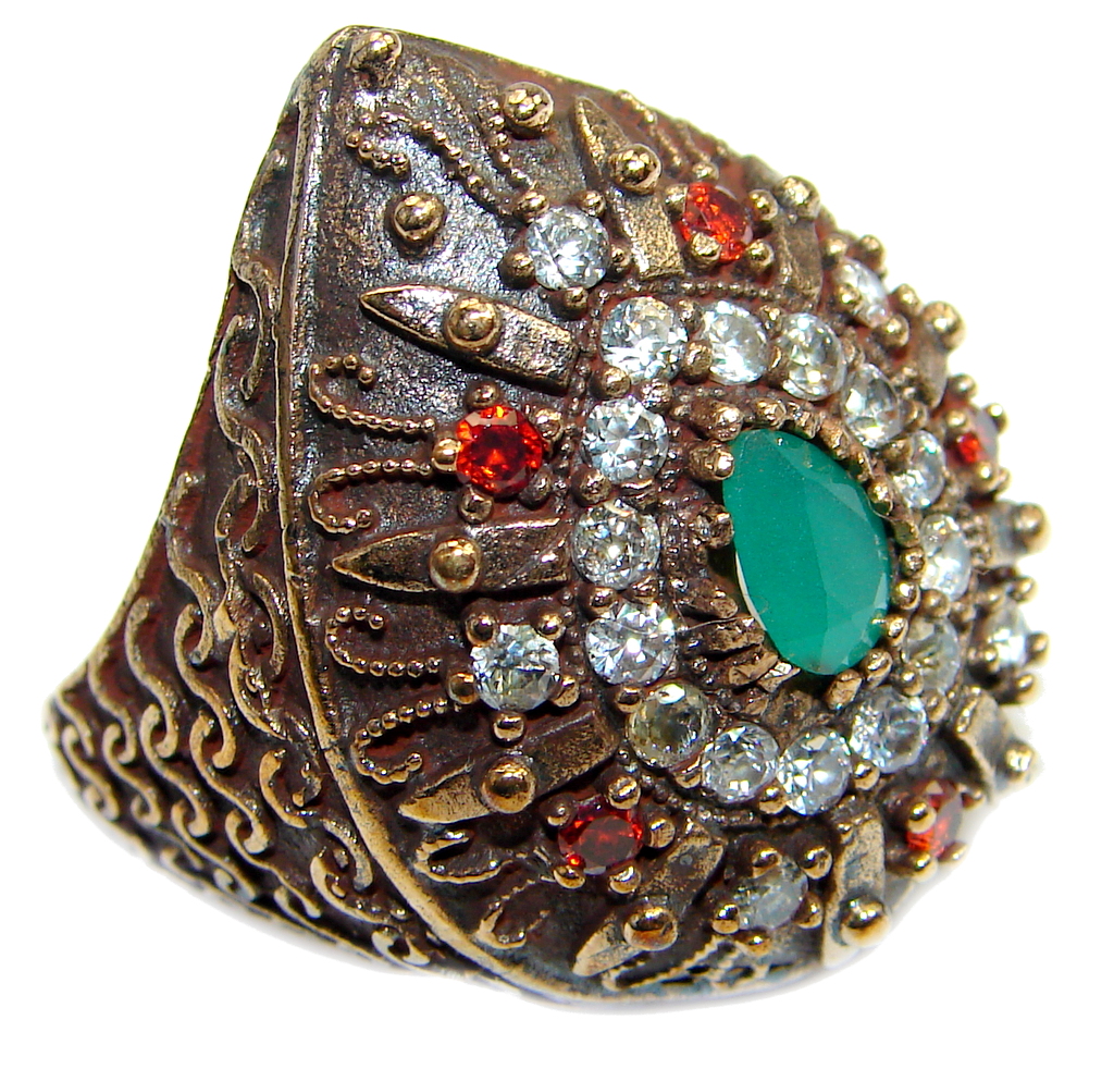 Victorian Style created Emerald & White Topaz Copper over Sterling Silver ring; s. 7