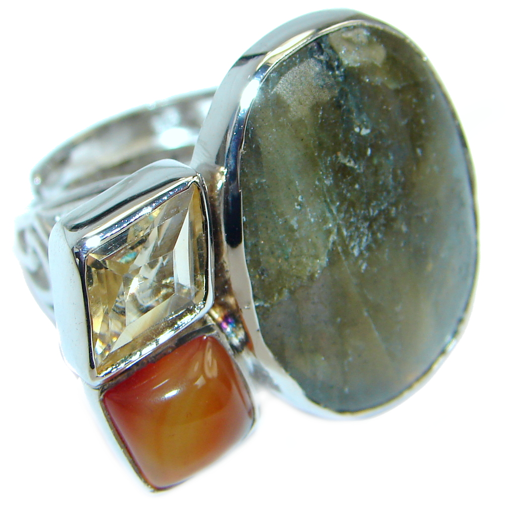 Blue Aura Fire Labradorite Amethyst Prehnite Sterling Silver ring size 7 1/2 adjuatble