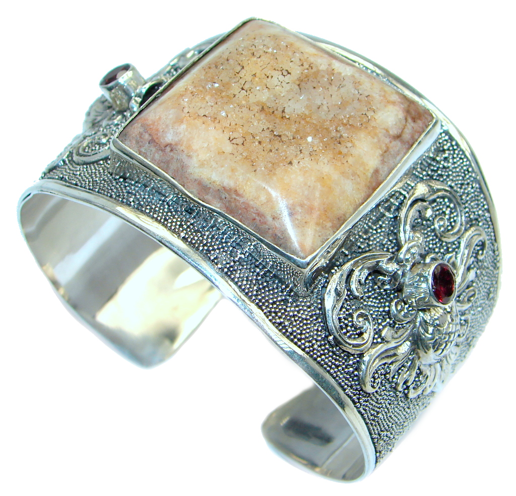 Large Floral Design Agate Druzy Garnet handcrafted Sterling Silver Bracelet / Cuff