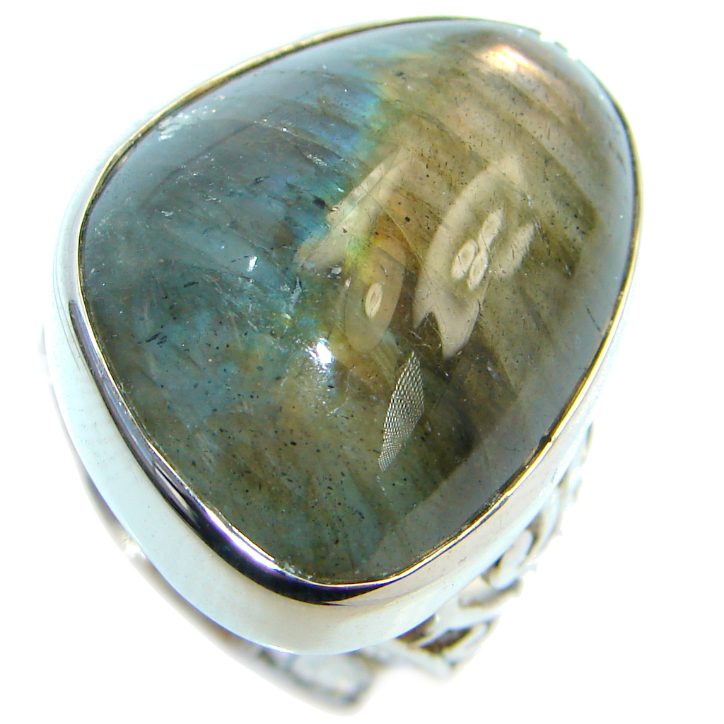 Blue Fire Labradorite .925 Sterling Silver handmade ring size 7 adjustable