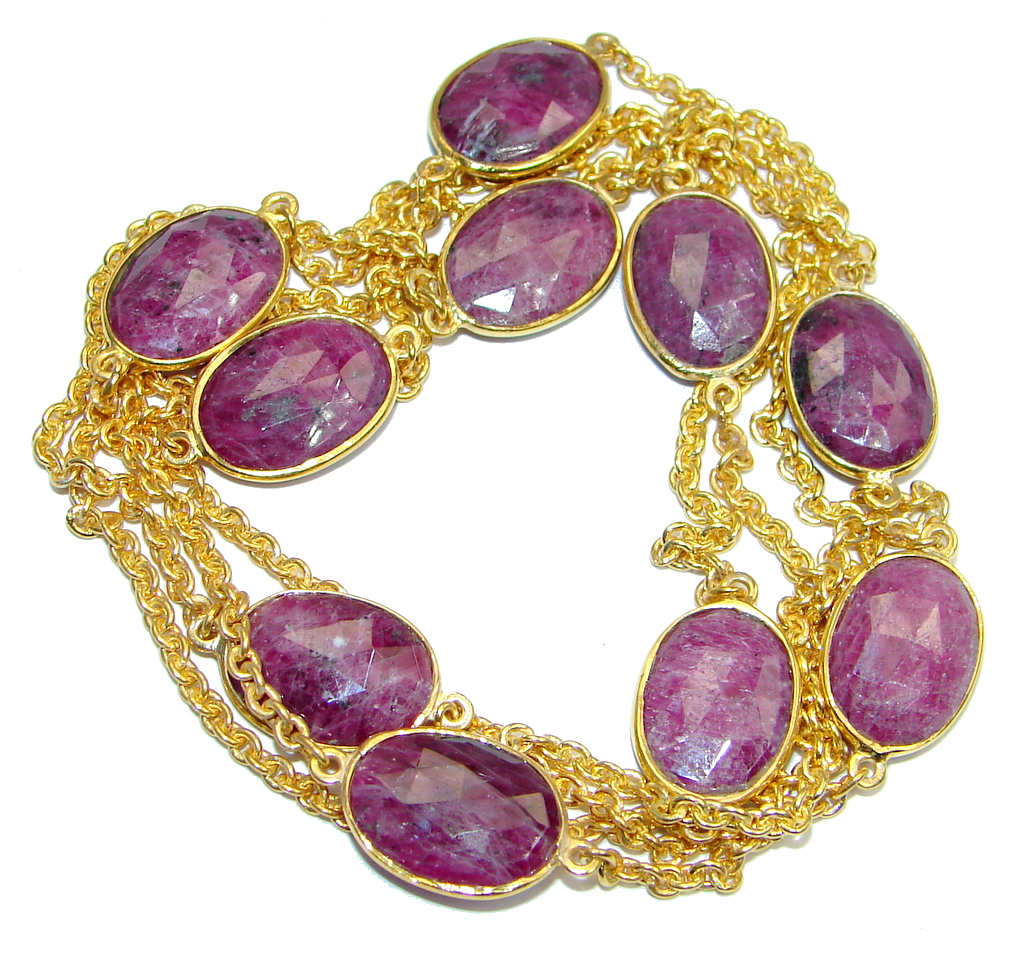 36 inches Genuine Ruby Stones Gold plated over Sterling Silver handcrafted Necklace