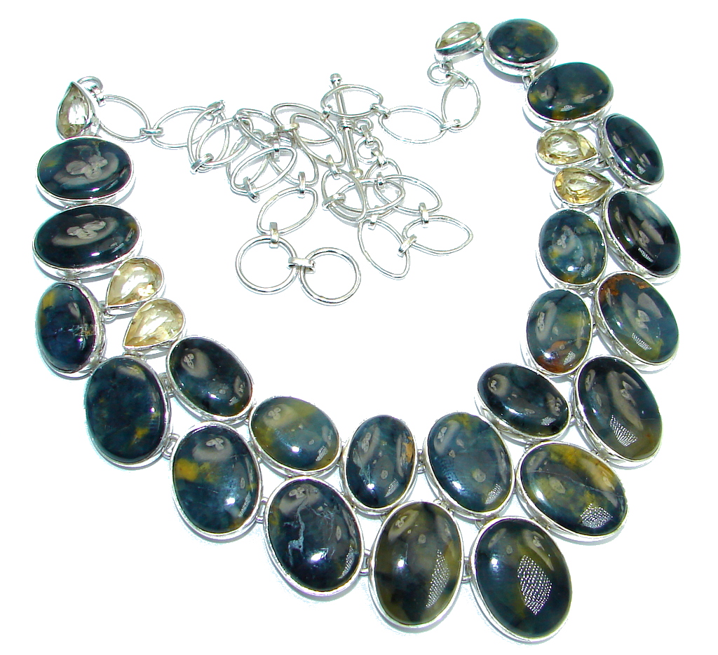 One of the kind Chunky Natural Pietersite Citrine Sterling Silver handmade necklace