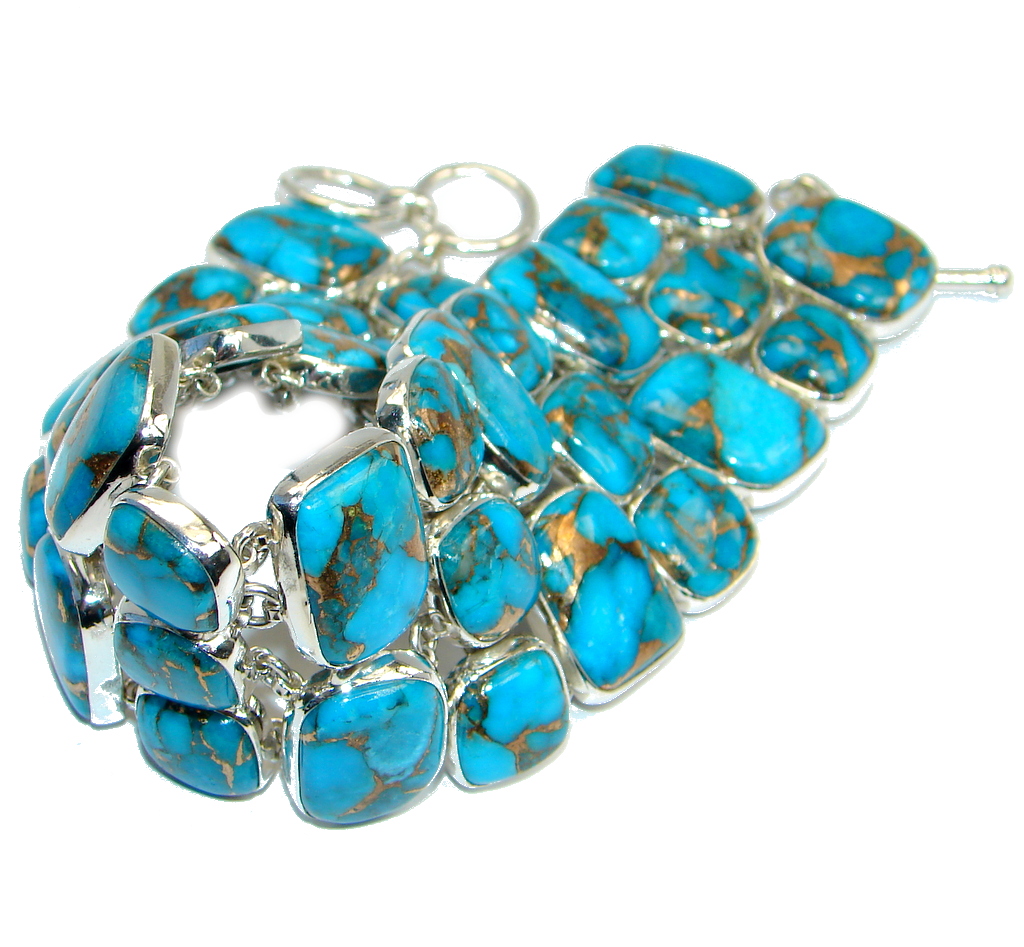 Large Blue Turquoise with copper vains Sterling Silver handmade Bracelet