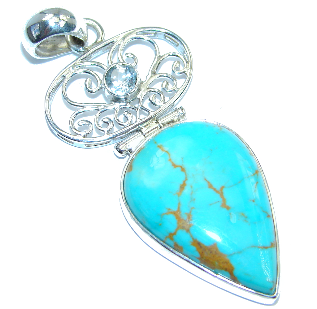 Genuine great quality Sleeping Beauty Blue Turquoise Sterling Silver handmade Pendant