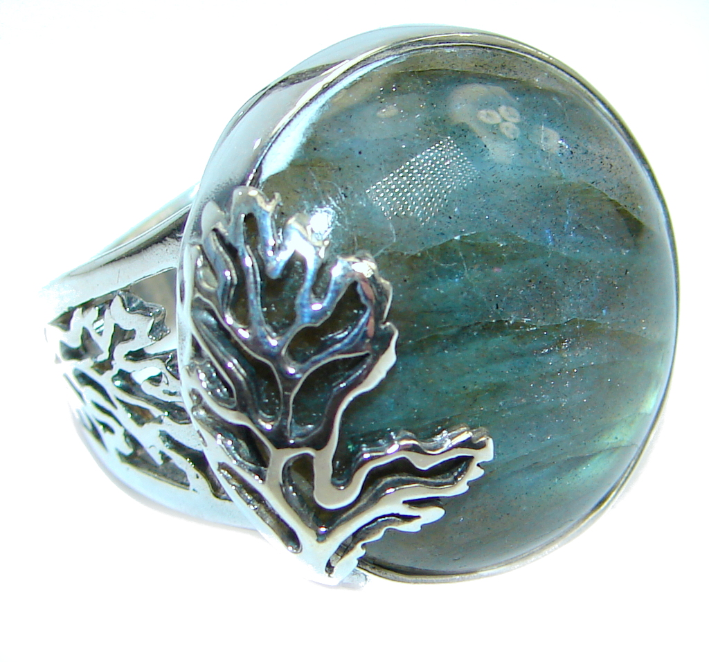 Blue Fire Labradorite .925 Sterling Silver handmade ring size 7 adjustable