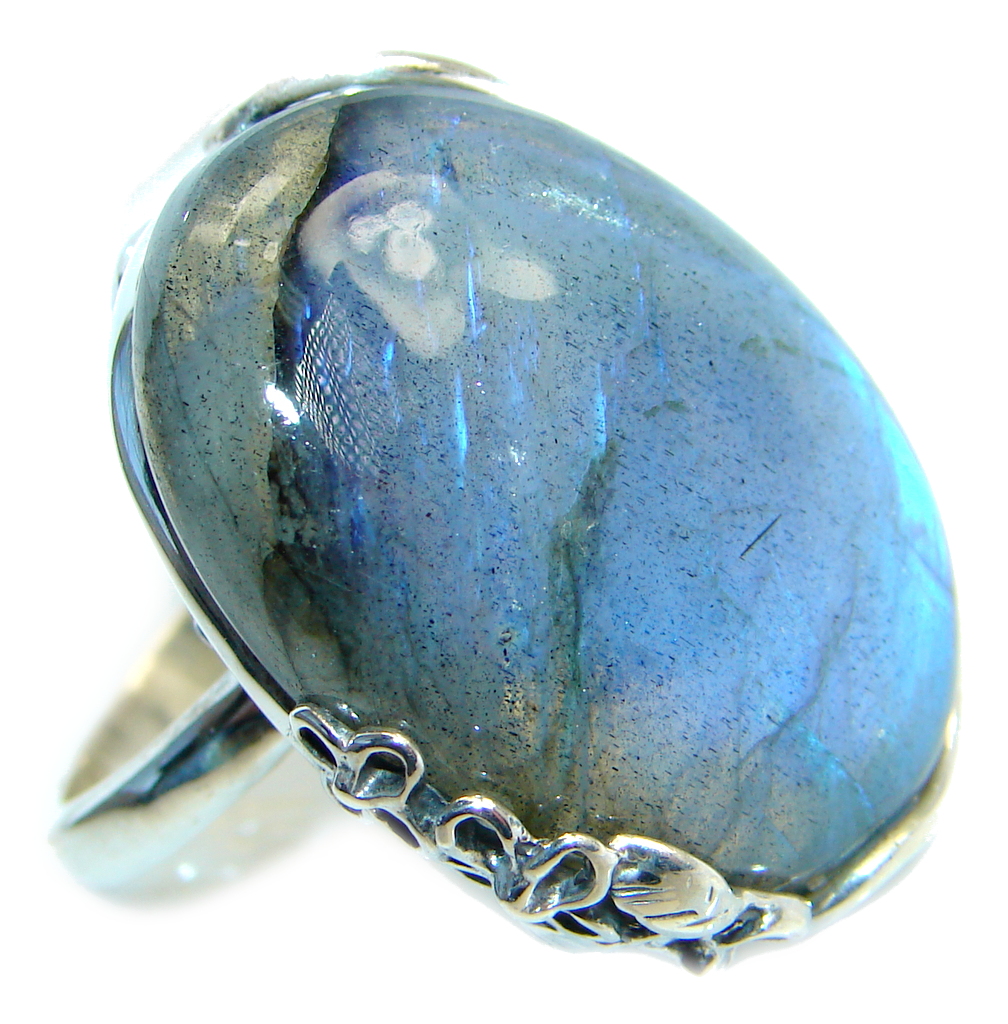 Blue Fire Labradorite .925 Sterling Silver handmade ring size 7 adjustable