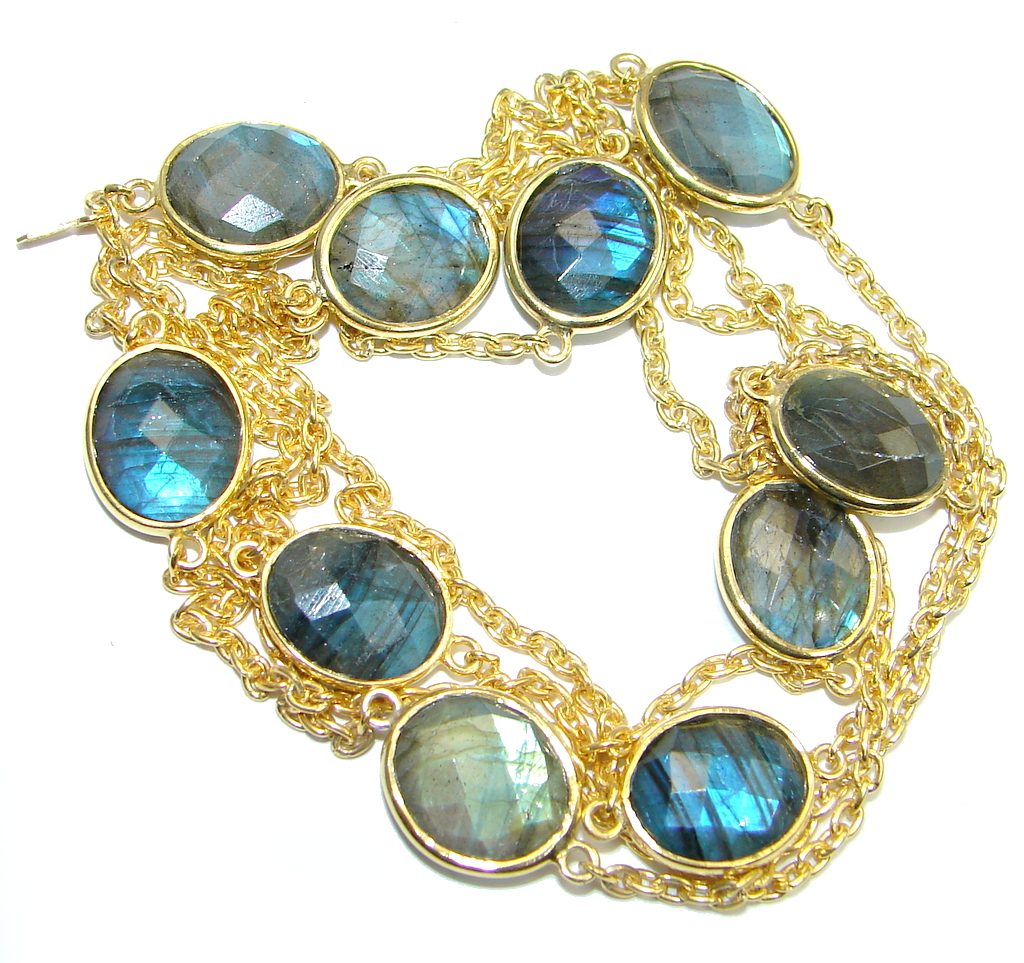 36 inches Genuine Fire Labradorite Gold over .925 Sterling Silver handmade Necklace