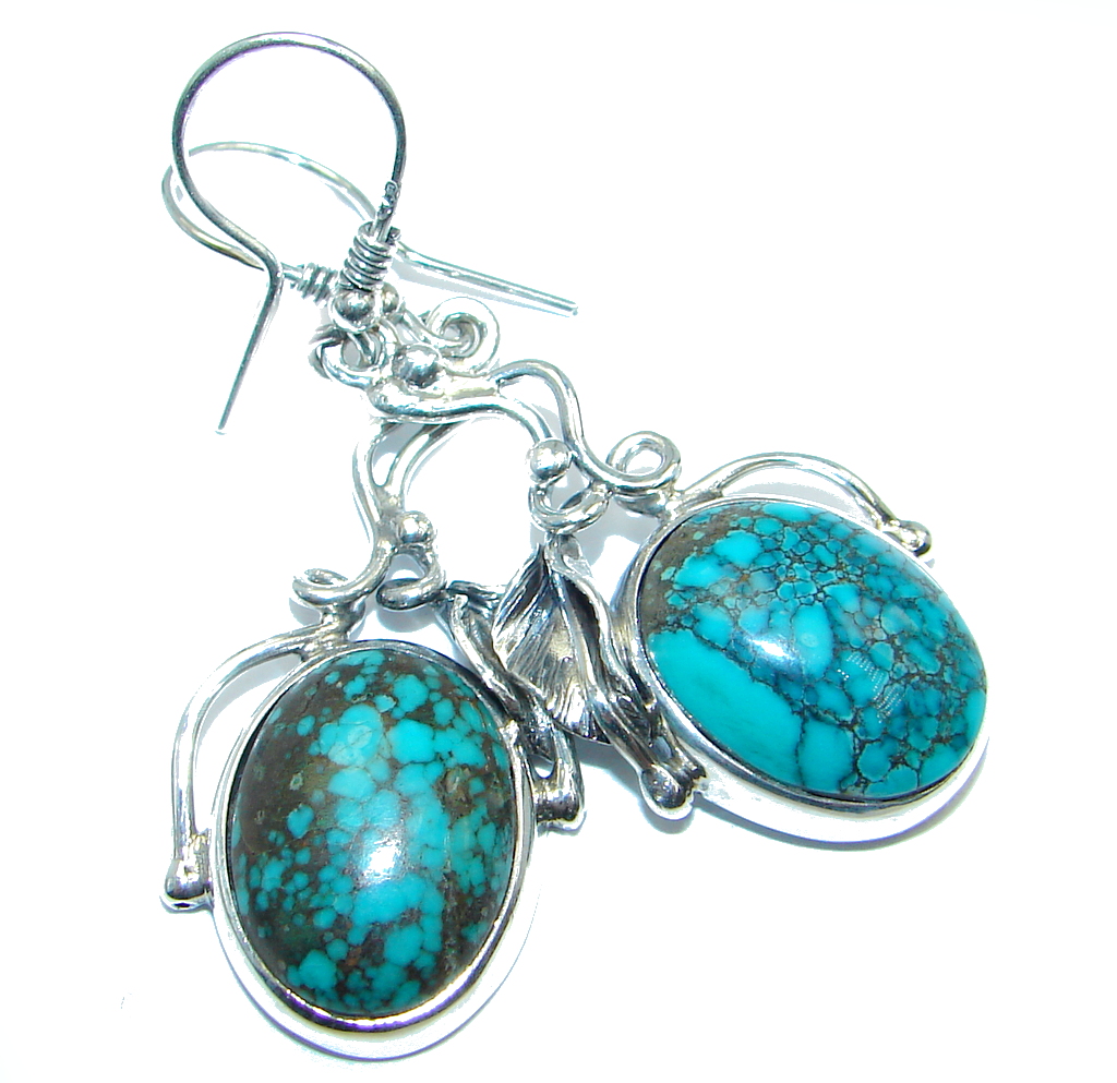 Floral Design Genuine Turquoise oxidized Sterling Silver handmade earrings