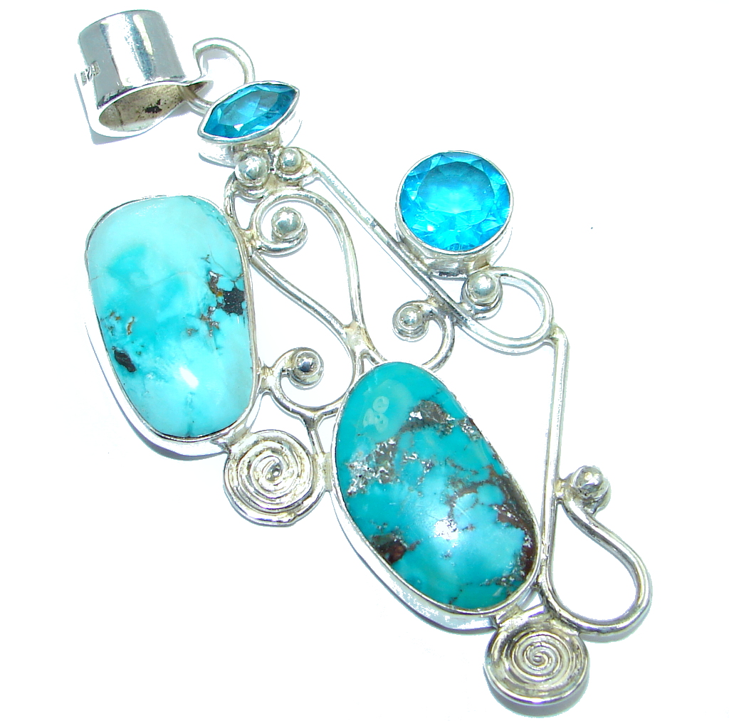 Huge Genuine Turquoise Blue Topaz Sterling Silver handmade Pendant