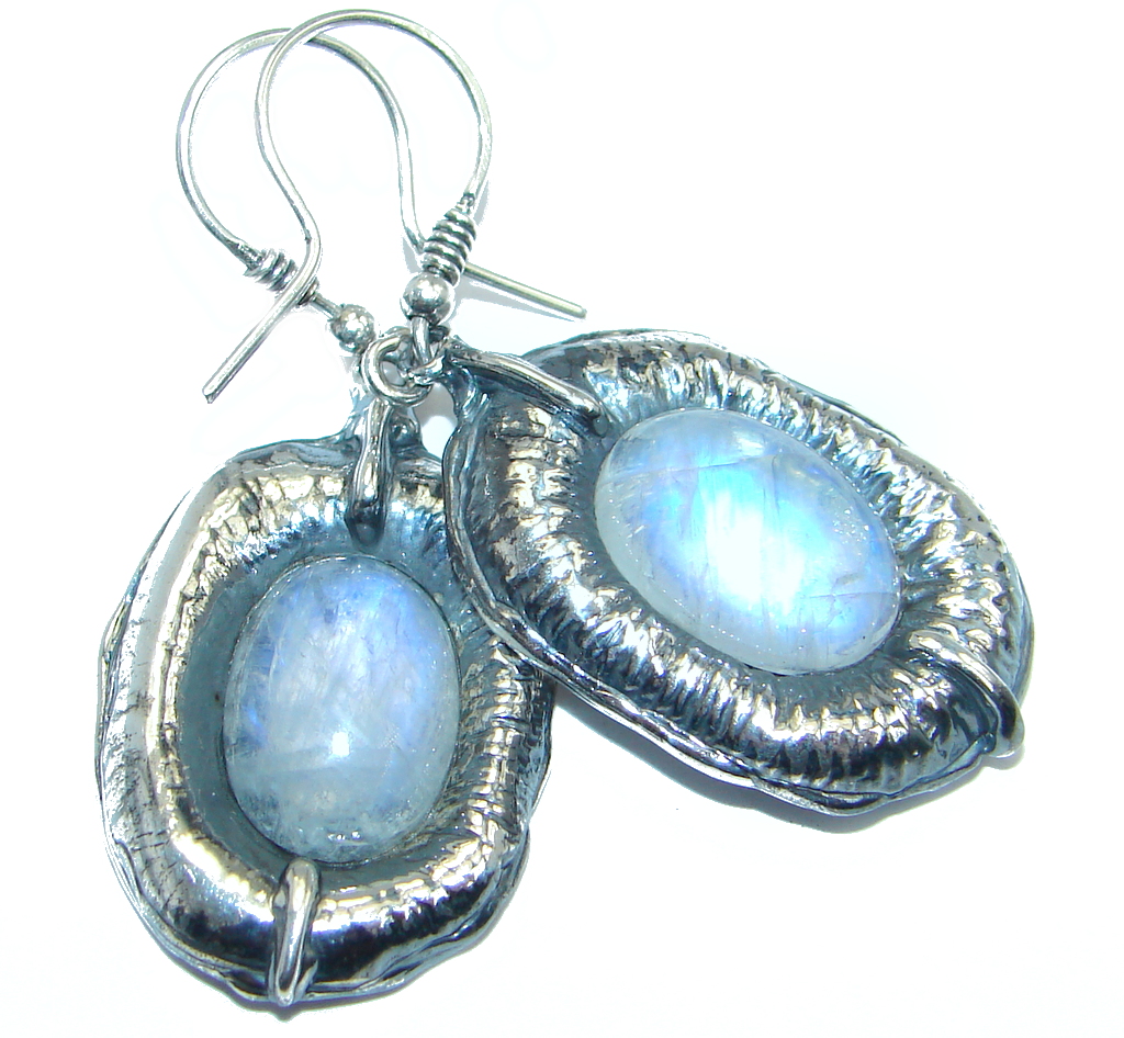 One of the kind Sublime Design White Moonstone Oxidized Sterling Silver earrings