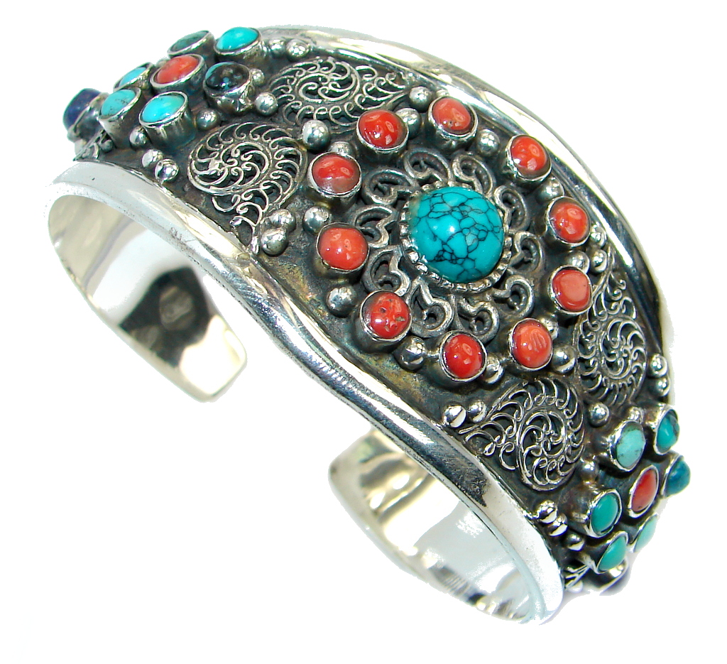 Jumbo Boho Chic Genuine Turquoise Coral Sterling Silver handmade Bracelet / Cuff