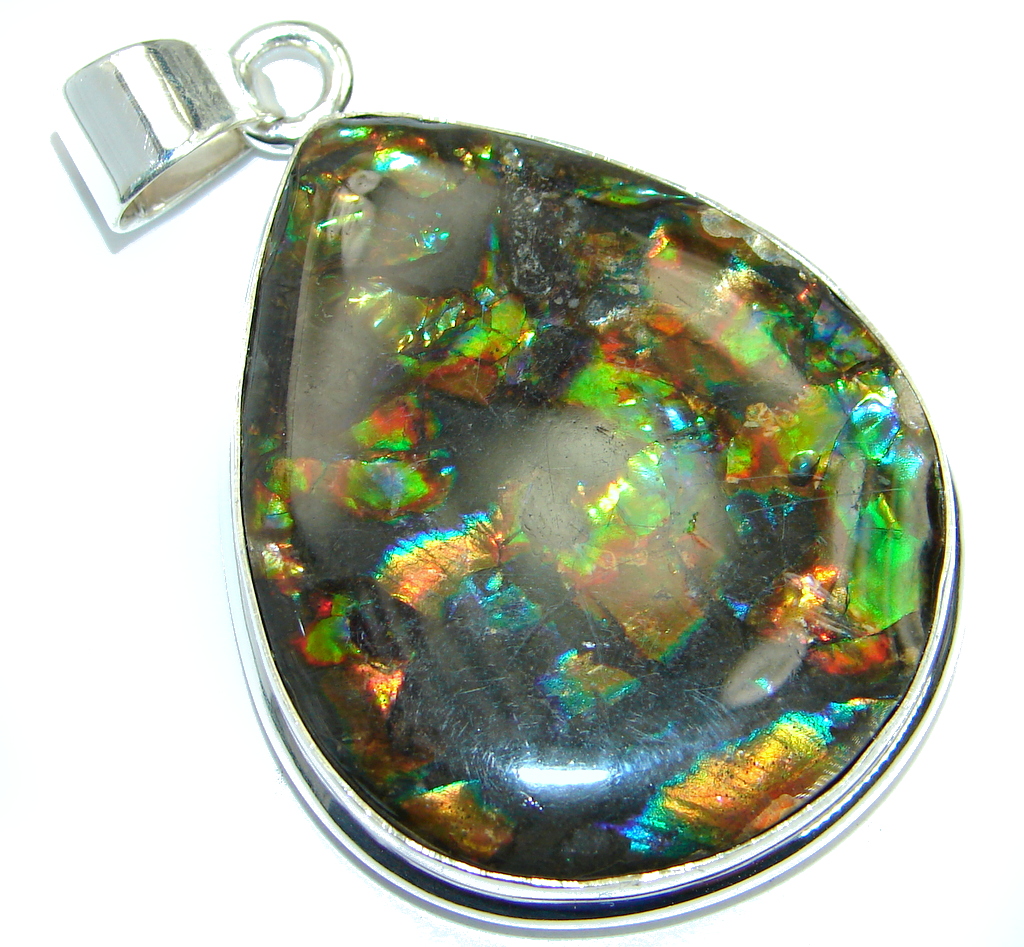 One of the kind Jumbo Authentic Beauty Canadian Ammolite Sterling Silver handmade Pendant
