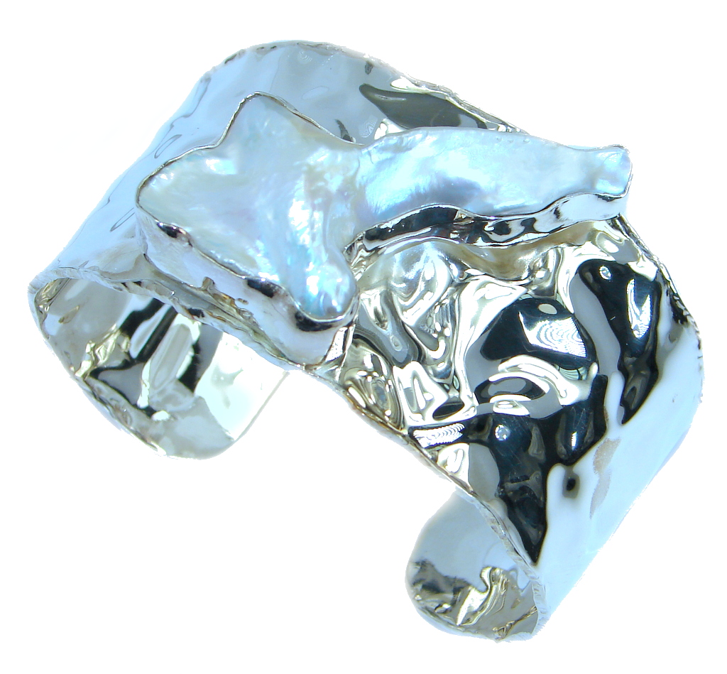 Big Dreamer Mother Of Pearl hammered .925 Sterling Silver Bracelet / Cuff