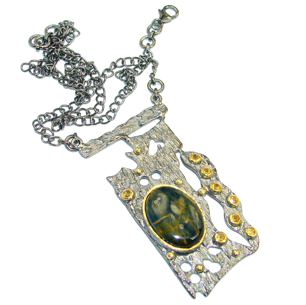 One of the kind Natural Pietersite Citrine Rhodium plated over .925 Sterling Silver handmade necklace