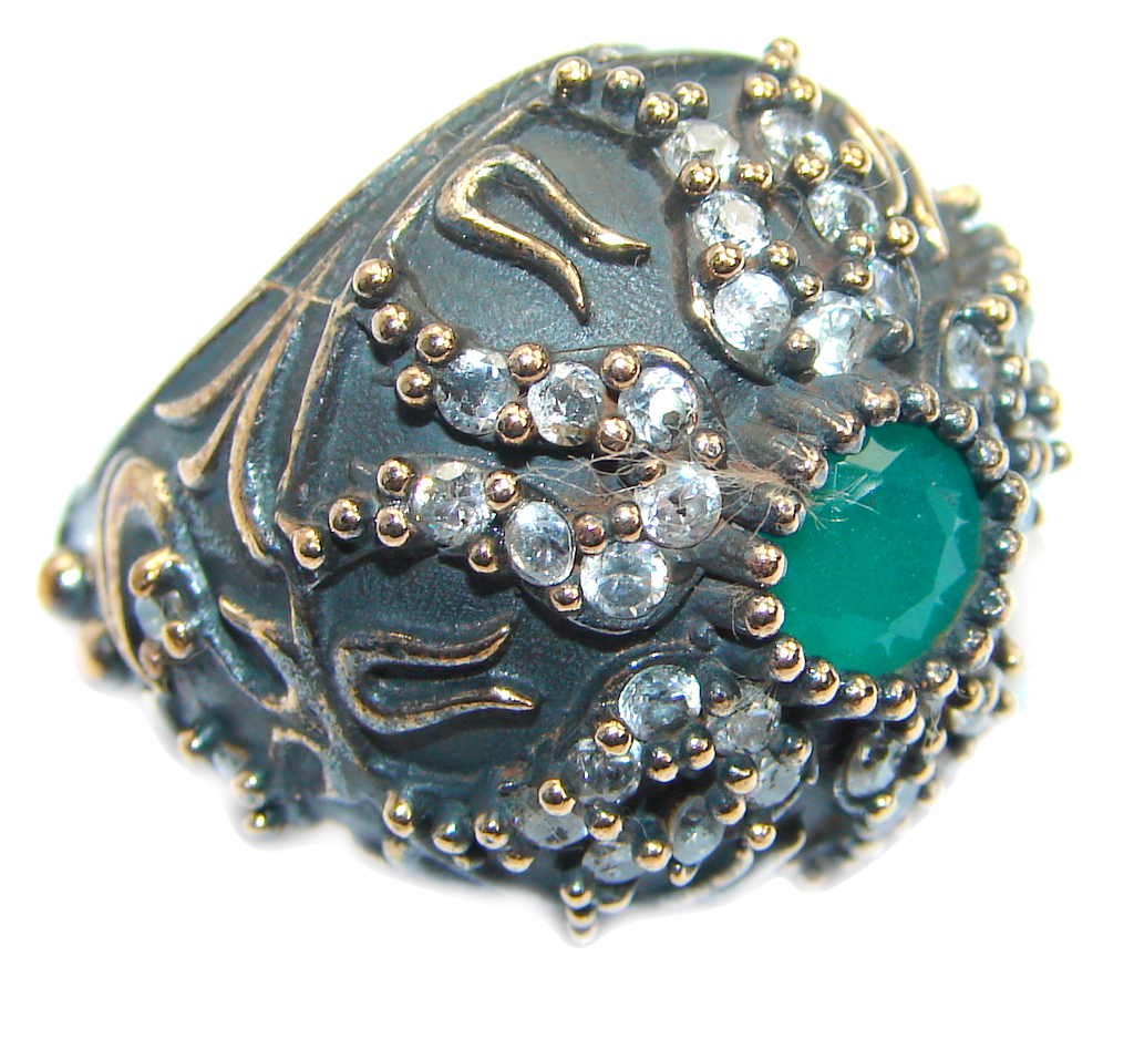 Victorian Style created Emerald & White Topaz Copper over Sterling Silver ring; s. 6