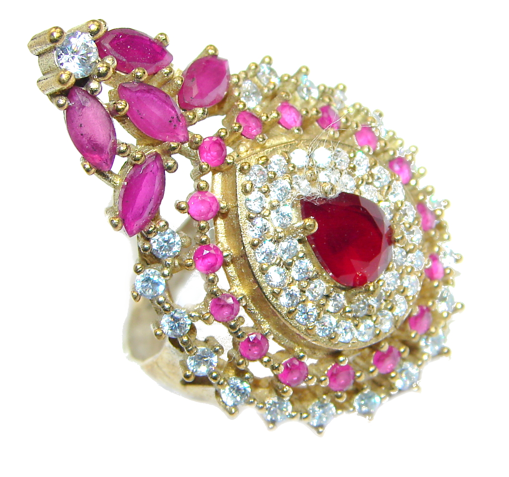 Large Victorian Style created Ruby & White Topaz Sterling Silver ring; s. 8