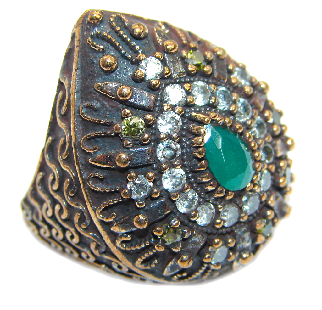 Victorian Style created Emerald & White Topaz Copper over Sterling Silver ring; s. 7 1/4
