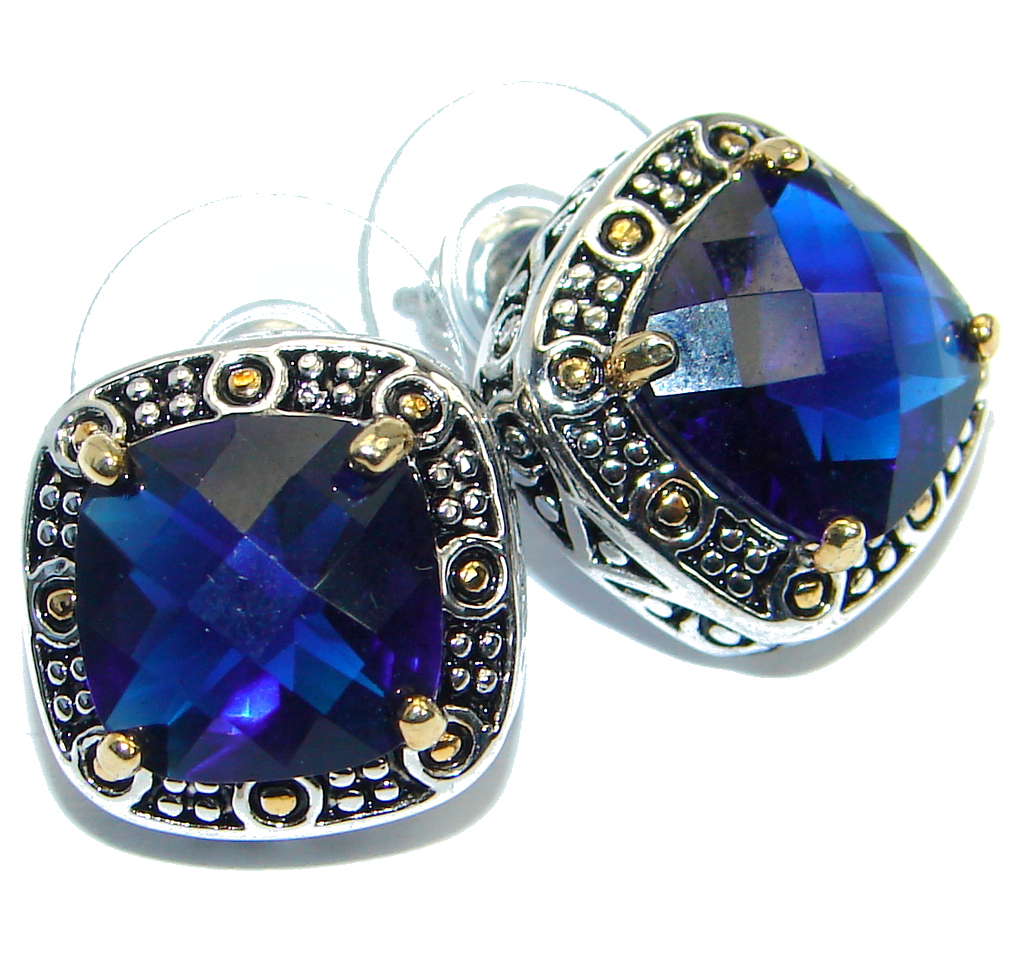 Victorian Style created Sapphire Sterling Silver stud earrings