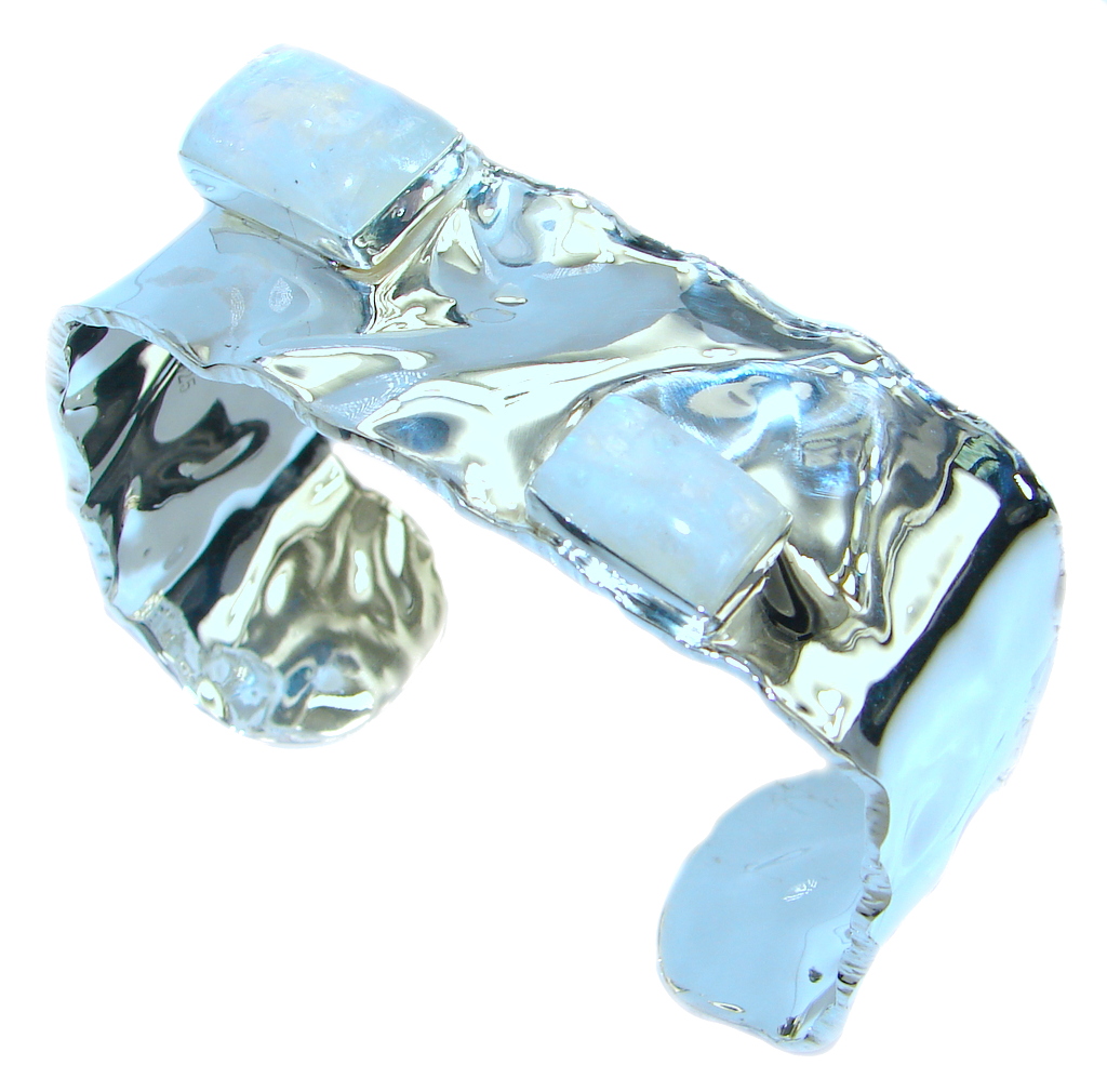 Real Treasure Fire Moonstone hammered .925 Sterling Silver Bracelet / Cuff
