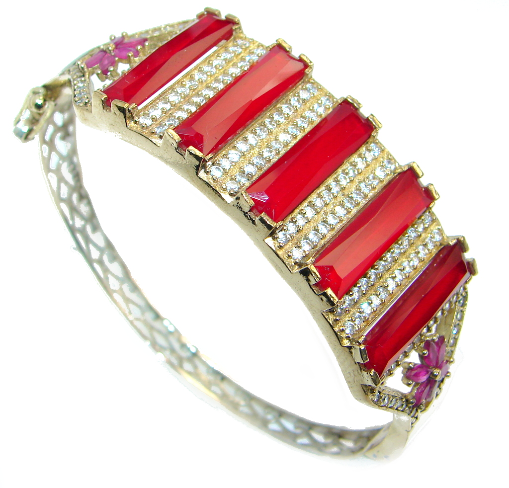 Victorian Style Created Red Ruby & White Topaz Copper over Sterling Silver Bracelet / Cuff