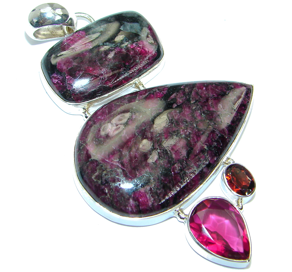 Huge genuine Russian Eudialyte Pink lab. Ruby Sterling Silver handcrafted Pendant