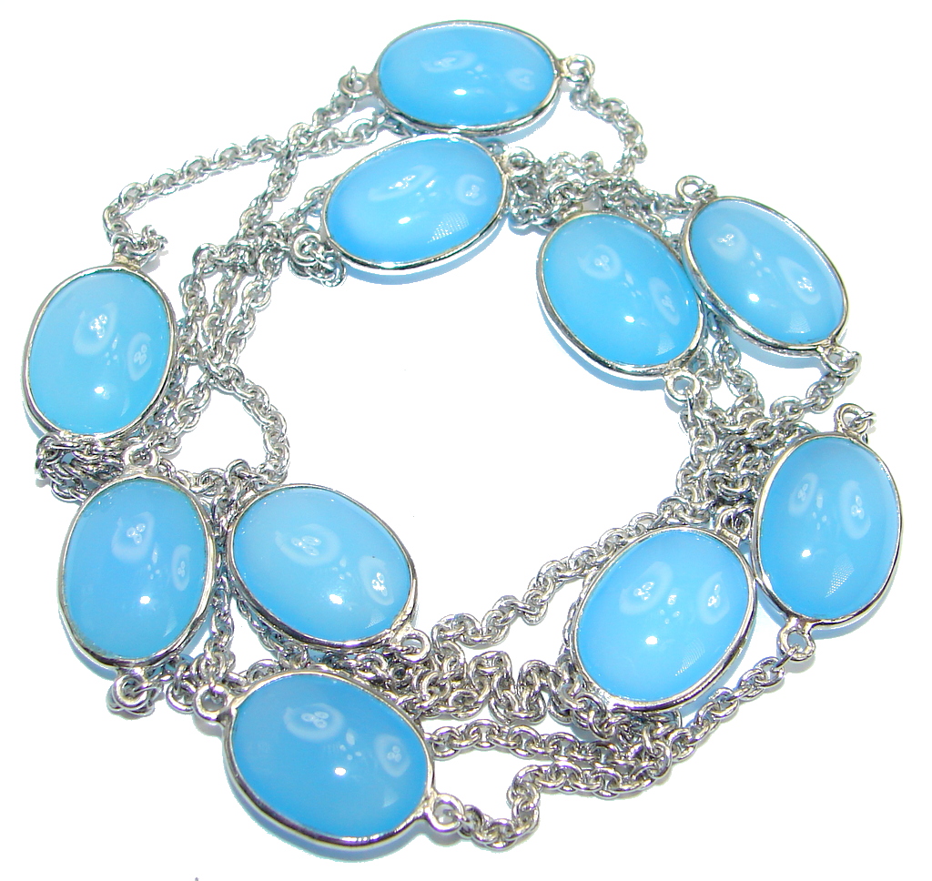36 inches genuine Chalcedony Agate .925 Sterling Silver handmade Station Necklace
