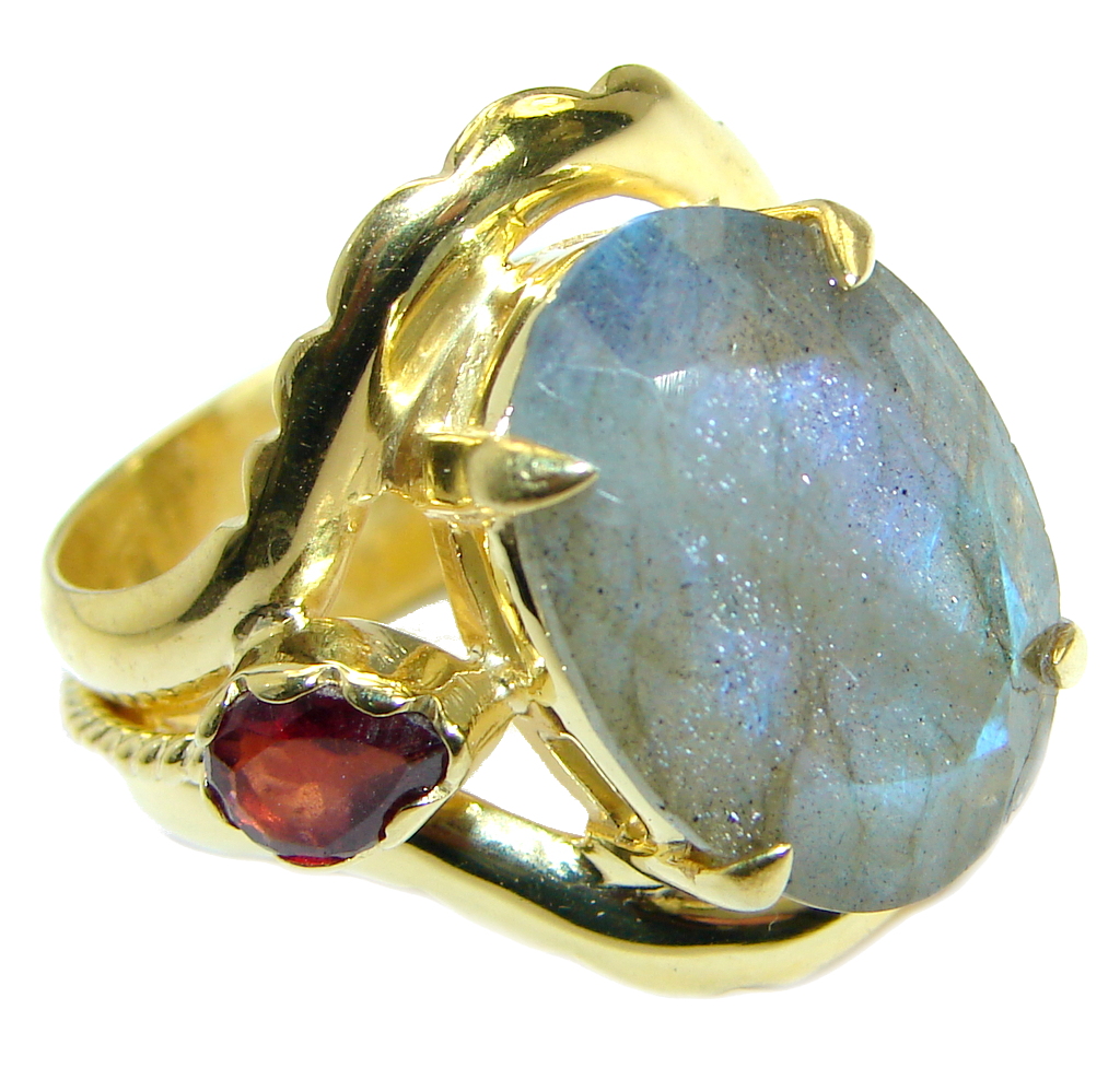 Blue Fire Labradorite Gold plated over .925 Sterling Silver handmade ring size 7 adjustable