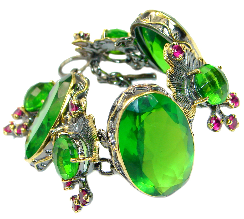 Victorian Style Created Emerald Ruby Gold Rhodium plated over .925 Sterling Silver Bracelet