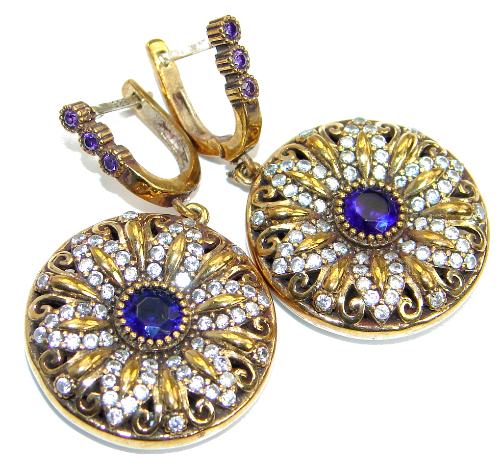 Victorian Style created Sapphire Sterling Silver stud earrings