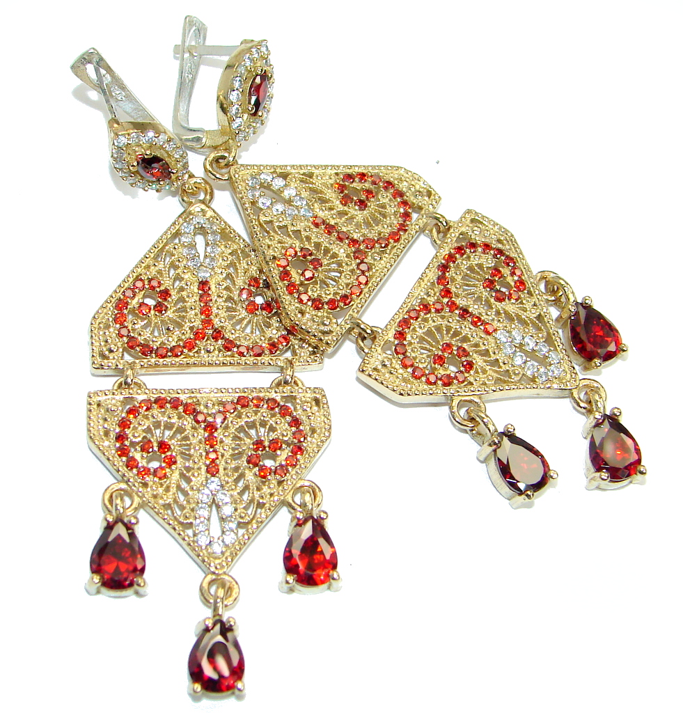 Long Victorian Style created Ruby Gold over Sterling Silver handmade stud earrings