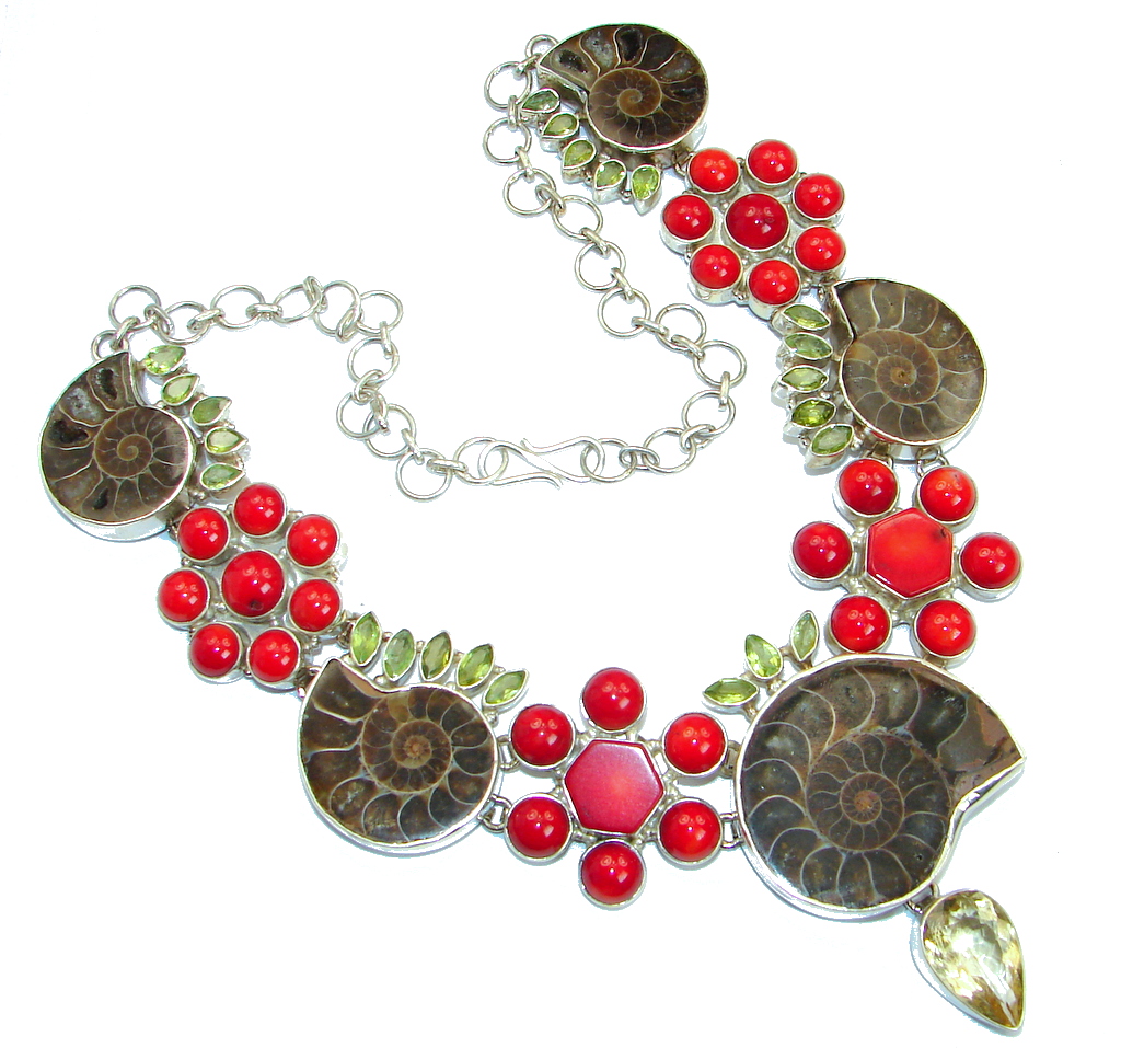 One of the Kind Ammonite Fossil Coral Citrine Sterling Silver handcrafted necklace