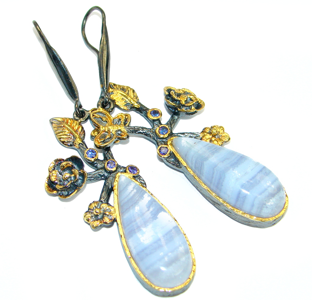 Secret Beauty Blue Lace Agate Sapphire .925 Sterling Silver hook earrings