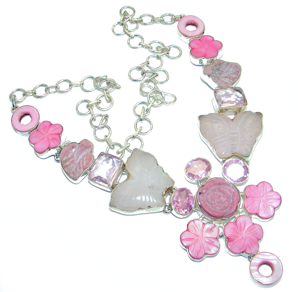 Huge Fine Art Genuine Rose Quartz Sterling Silver handmade necklace