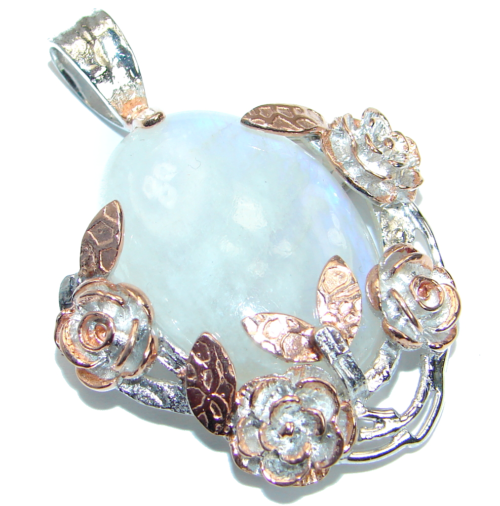 Floral Design Fire Moonstone Rose Gold plated over .925 Sterling Silver handmade Pendant