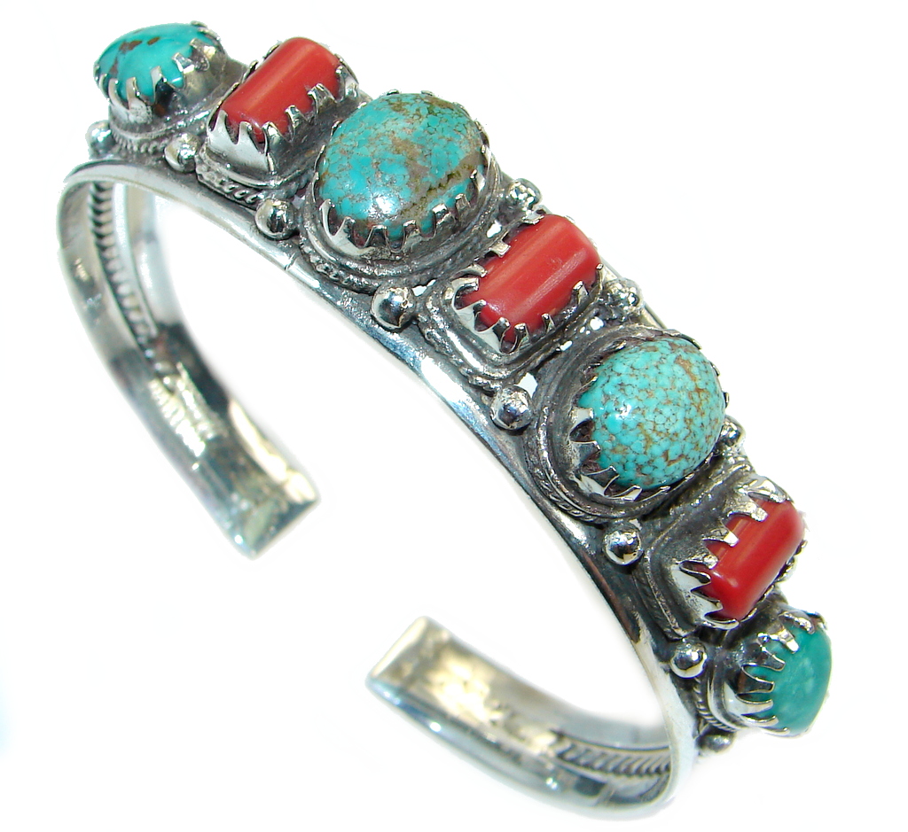 Jumbo Boho Chic Genuine Turquoise Coral Sterling Silver handmade Bracelet / Cuff