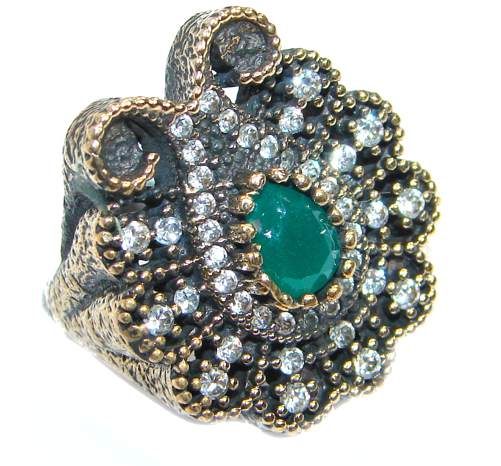Victorian Style created Emerald & White Topaz Copper over Sterling Silver ring; s. 5 3/4