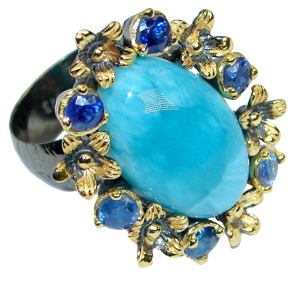 Posh Floral Design genuine Larimar Kyanite Gold plated over .925 Sterling Silver Ring s. 8 adjustable