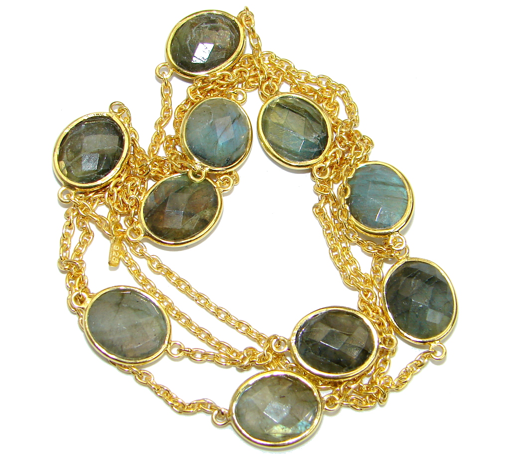 36 inches Genuine Fire Labradorite Gold over .925 Sterling Silver handmade Necklace