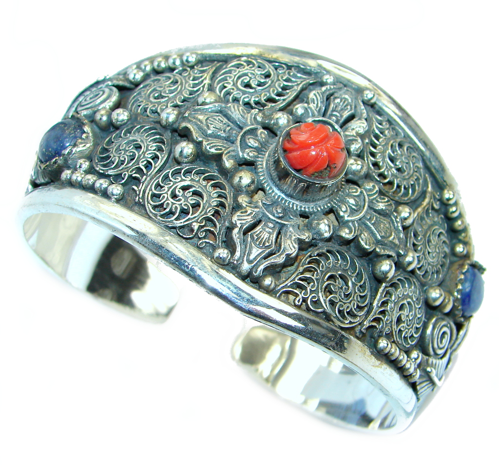 Jumbo Boho Chic Genuine Turquoise Coral Lapis Sterling Silver handmade Bracelet / Cuff