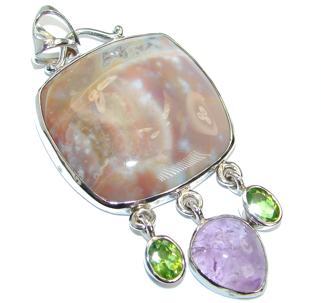 Huge One of the kind Natural Ocean Jasper Sterling Silver handmade Pendant