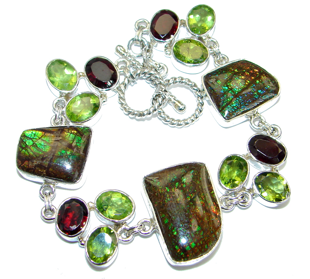 Red Fire Genuine Canadian Ammolite Garnet Peridot Sterling Silver handmade bracelet