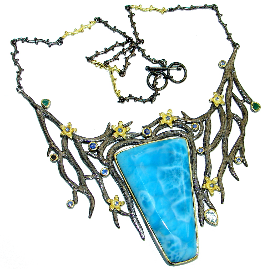 Nature inspired Sublime Larimar Sapphire Gold plated over .925 Sterling Silver handmade necklace