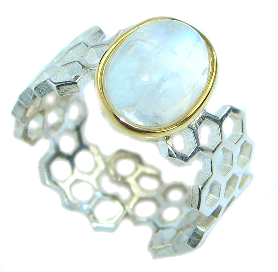 Fire Moonstone Two Tones Sterling Silver handmade ring size 7 adjustable