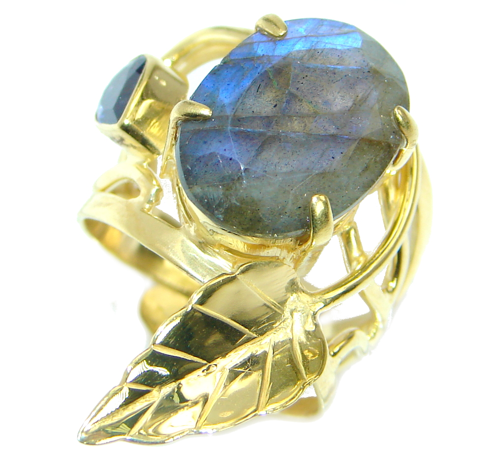 Blue Fire Labradorite Gold plated over .925 Sterling Silver handmade ring size 7 adjustable