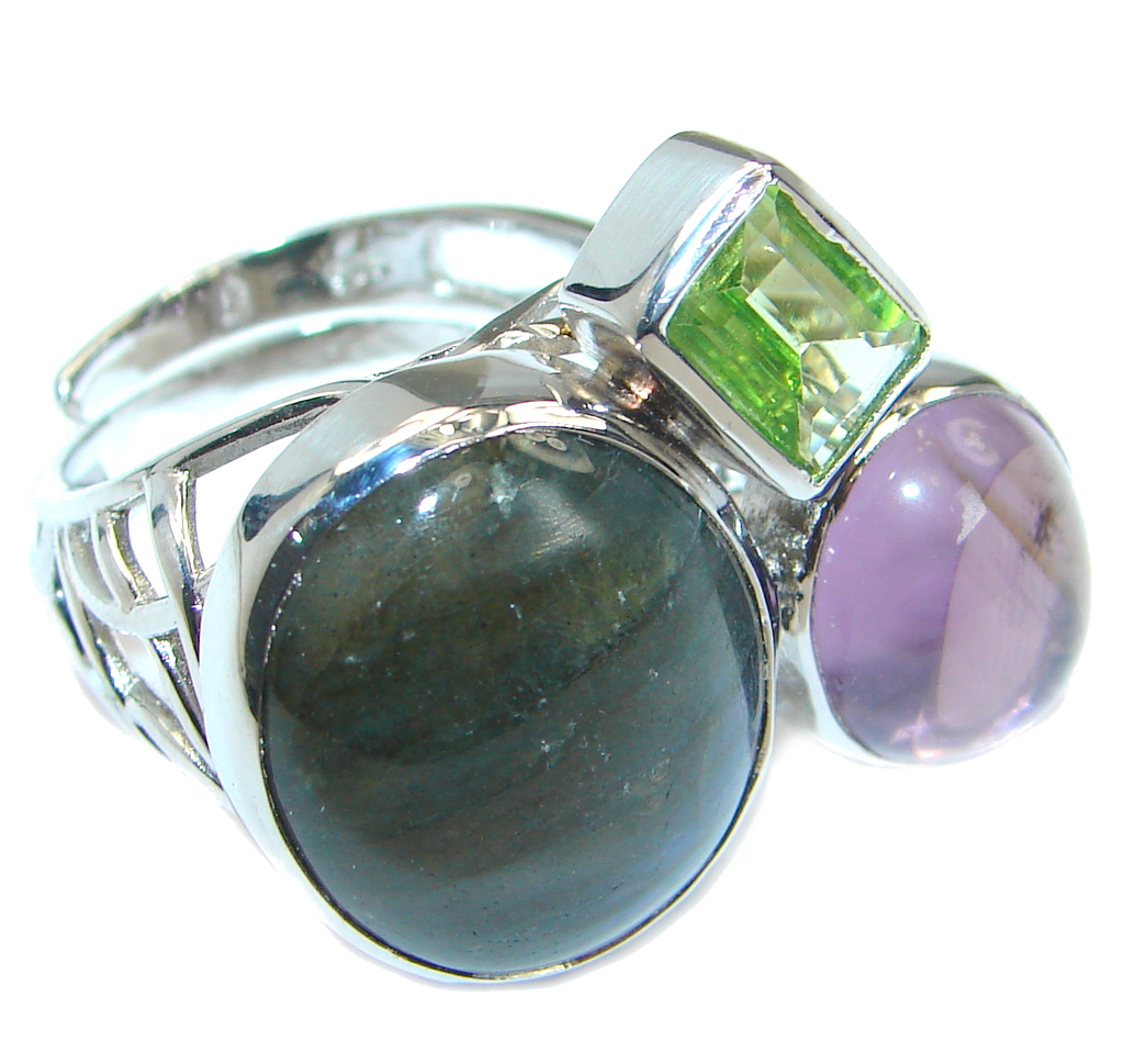Blue Fire Labradorite Sterling Silver handmade ring size 6 adjustable